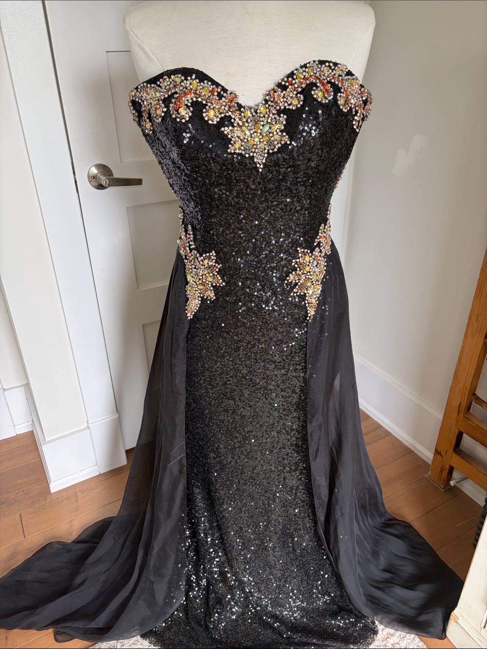 Cinderella Black Strapless Sequin Gown with Multicolor Beaded Accents